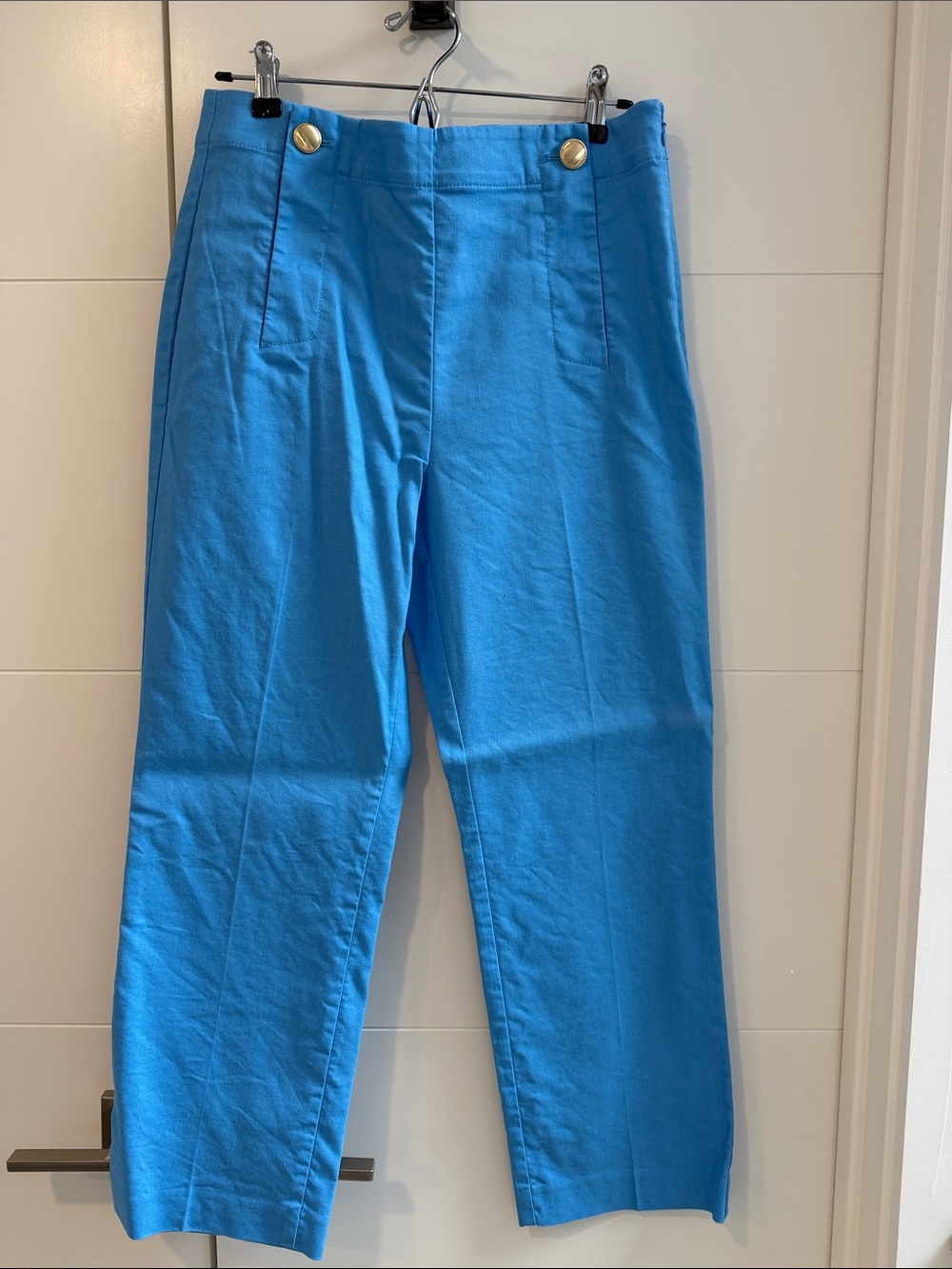Ann Taylor Bright Blue Cotton-Chino Side Zip Pants with Gold Buttons